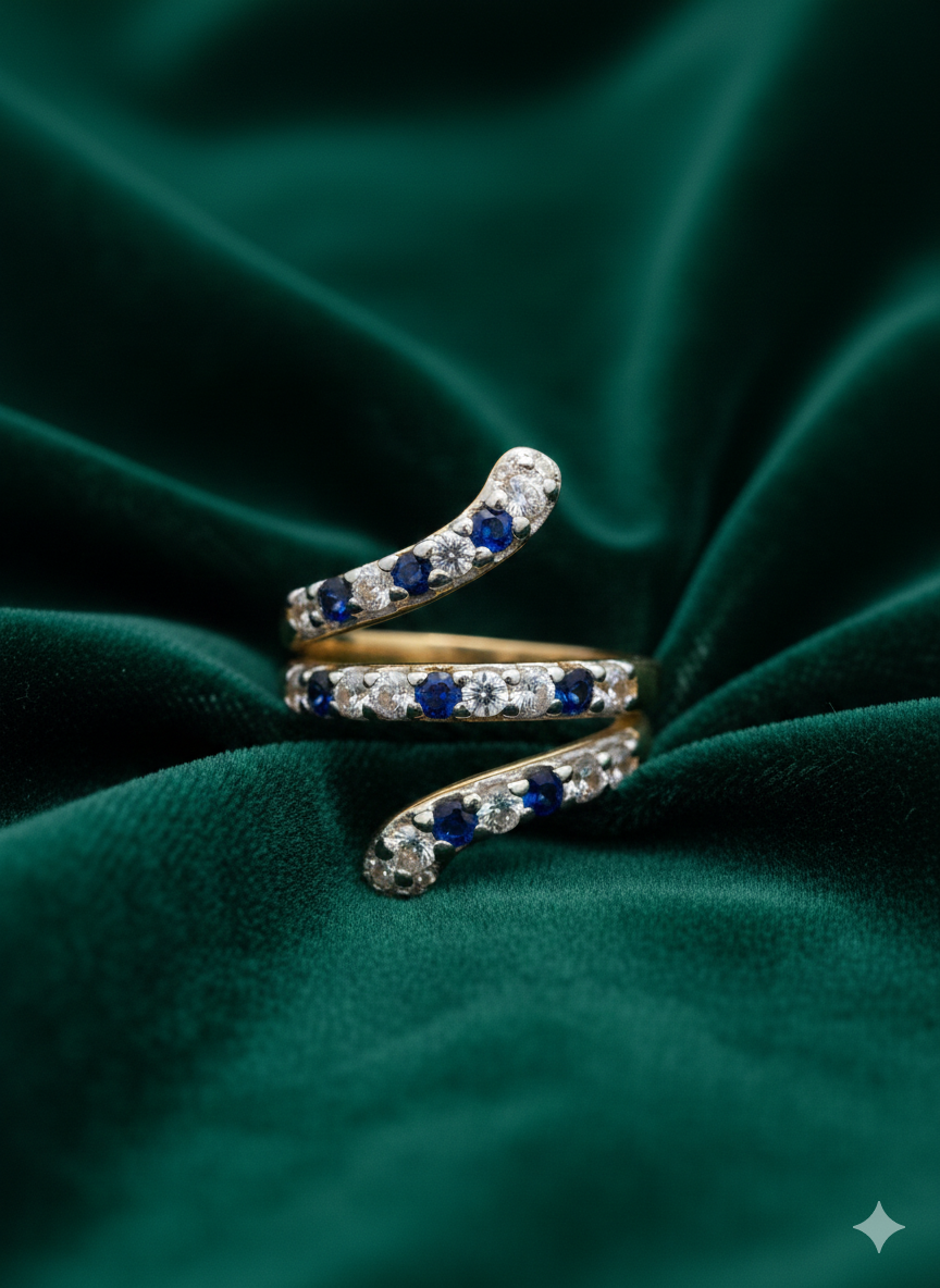 Gold Sapphire Blue Spiral Wrap Ring | SILVROSE