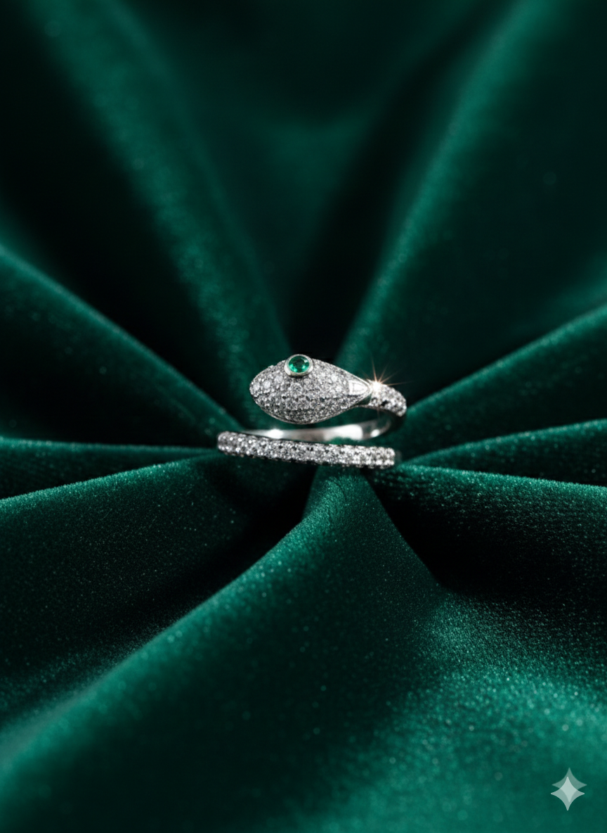 Silver Snake Wrap Ring with Emerald Eye | SILVROSE