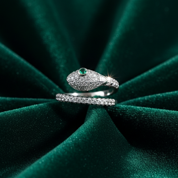 Silver Snake Wrap Ring with Emerald Eye | SILVROSE