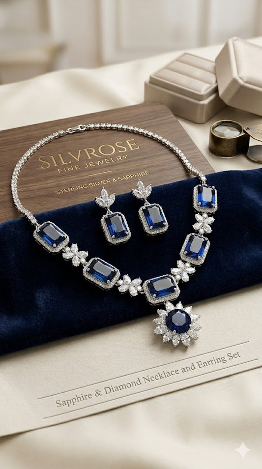 Royal Blue Sapphire & Crystal Statement Necklace Set