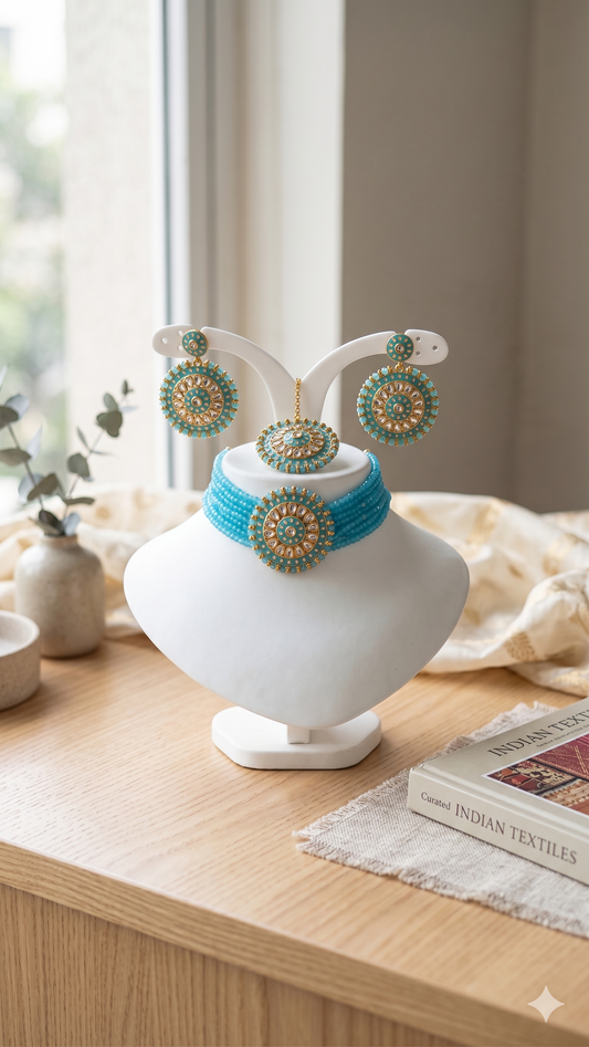 Turquoise Beaded Kundan Choker Necklace Set with Maang Tikka