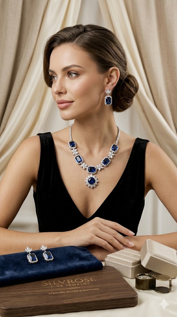 Royal Blue Sapphire & Crystal Statement Necklace Set