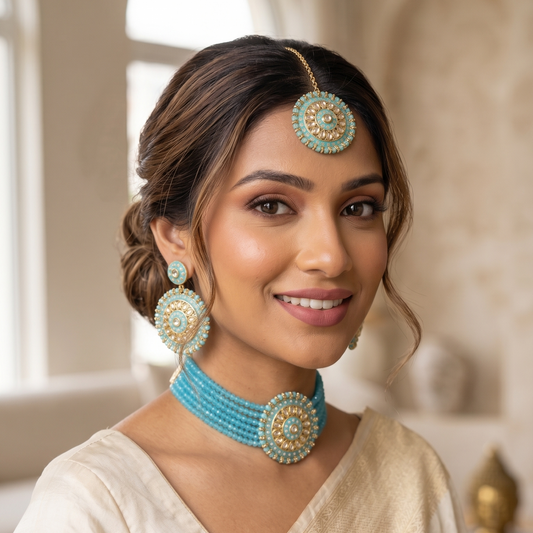 Turquoise Beaded Kundan Choker Necklace Set with Maang Tikka
