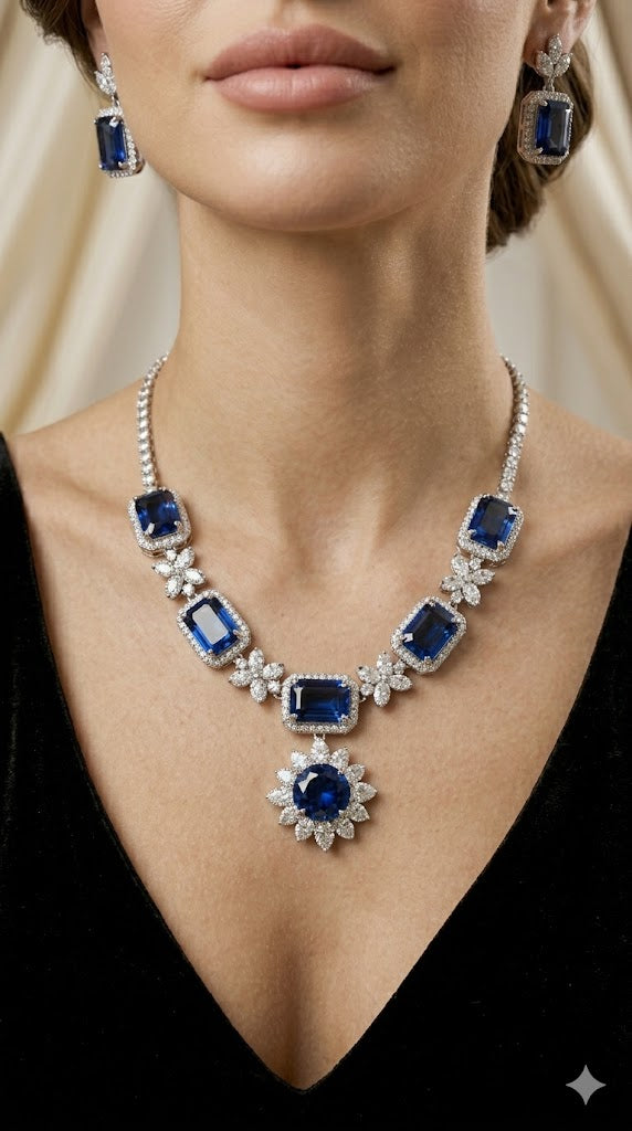 Royal Blue Sapphire & Crystal Statement Necklace Set