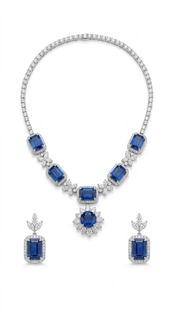 Royal Blue Sapphire & Crystal Statement Necklace Set