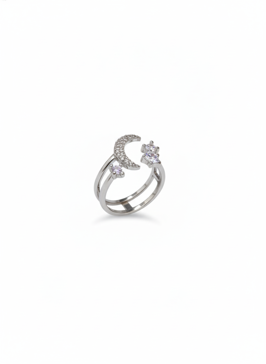 Silver Celestial Moon and Star Double Band Ring | SILVROSE