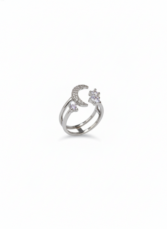 Silver Celestial Moon and Star Double Band Ring | SILVROSE