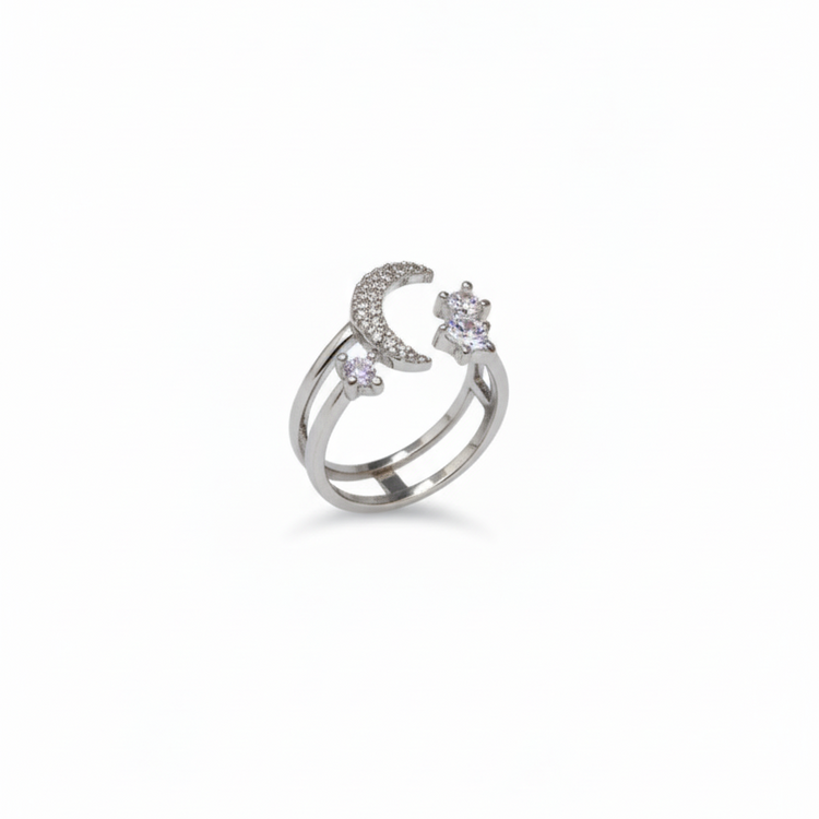Silver Celestial Moon and Star Double Band Ring | SILVROSE
