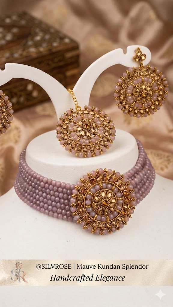Mauve Kundan Splendor Beaded Choker Necklace Set with Maang Tikka
