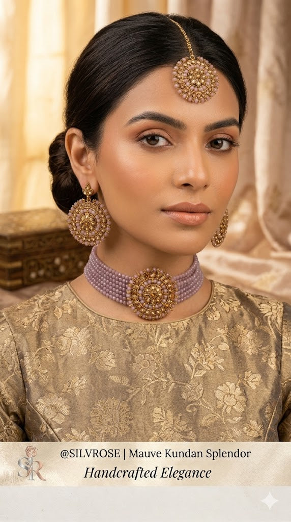 Mauve Kundan Splendor Beaded Choker Necklace Set with Maang Tikka