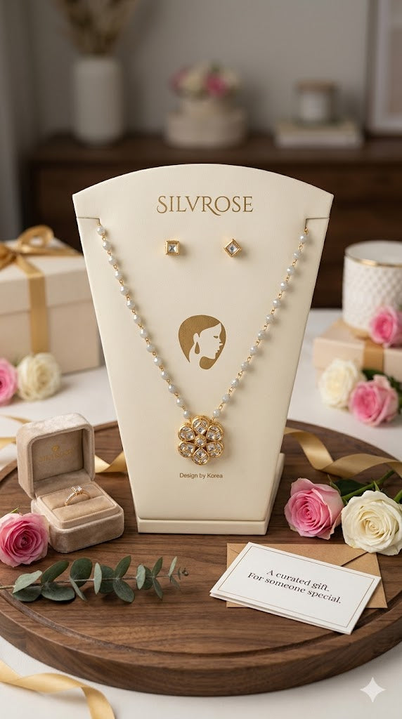 Delicate Floral Pendant Necklace Set with Crystal Beads