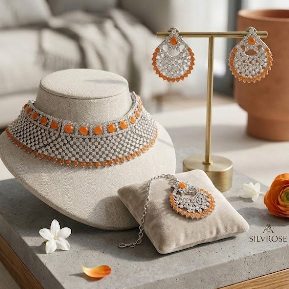 Radiant Orange & Silver-Tone Crystal Bridal Choker Set