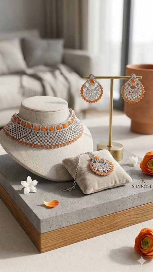 Radiant Orange & Silver-Tone Crystal Bridal Choker Set