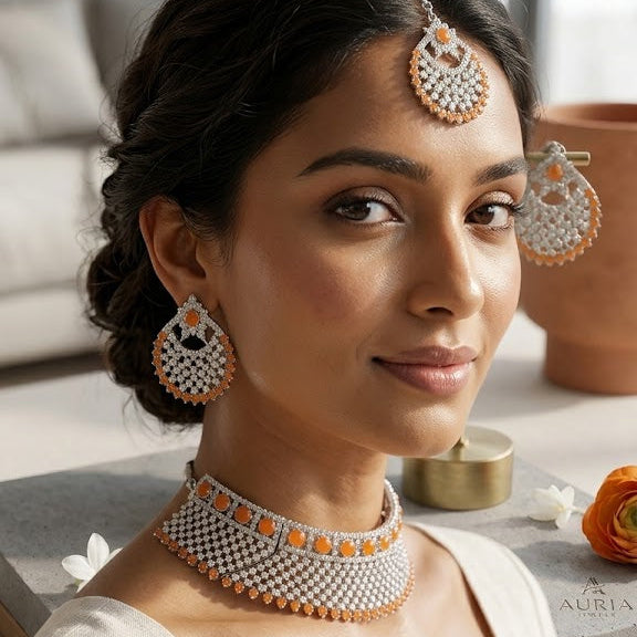 Radiant Orange & Silver-Tone Crystal Bridal Choker Set