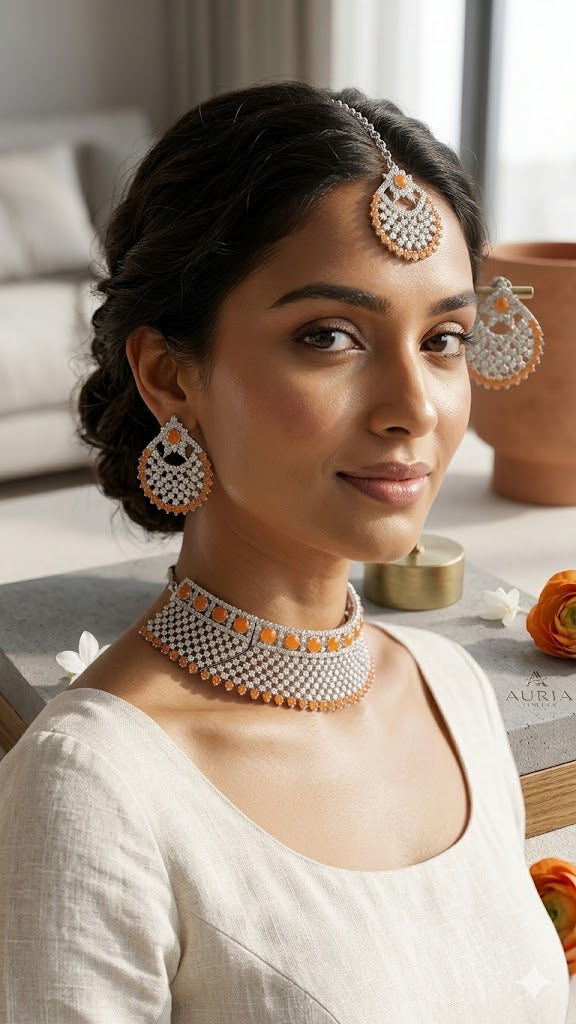 Radiant Orange & Silver-Tone Crystal Bridal Choker Set