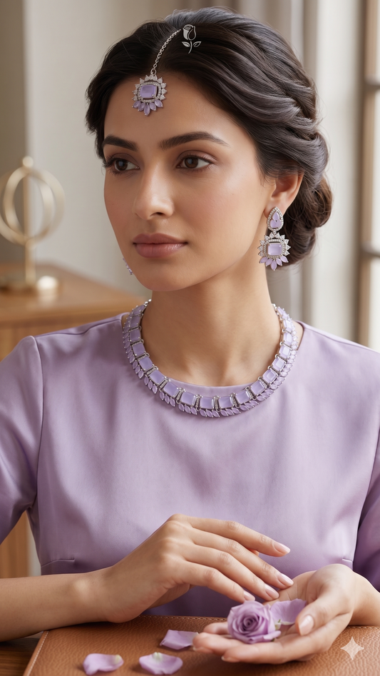 Elegant Lilac Gemstone Jewellery Set | Necklace, Earrings & Maang Tikka | Pastel Wedding Jewelry