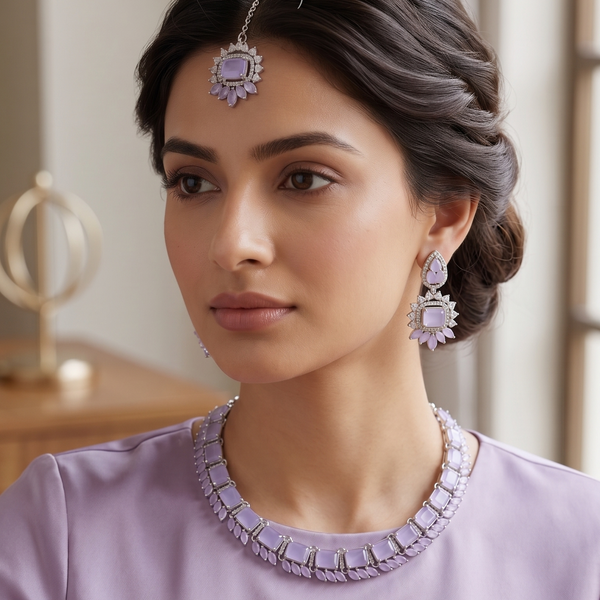 Elegant Lilac Gemstone Jewellery Set | Necklace, Earrings & Maang Tikka | Pastel Wedding Jewelry