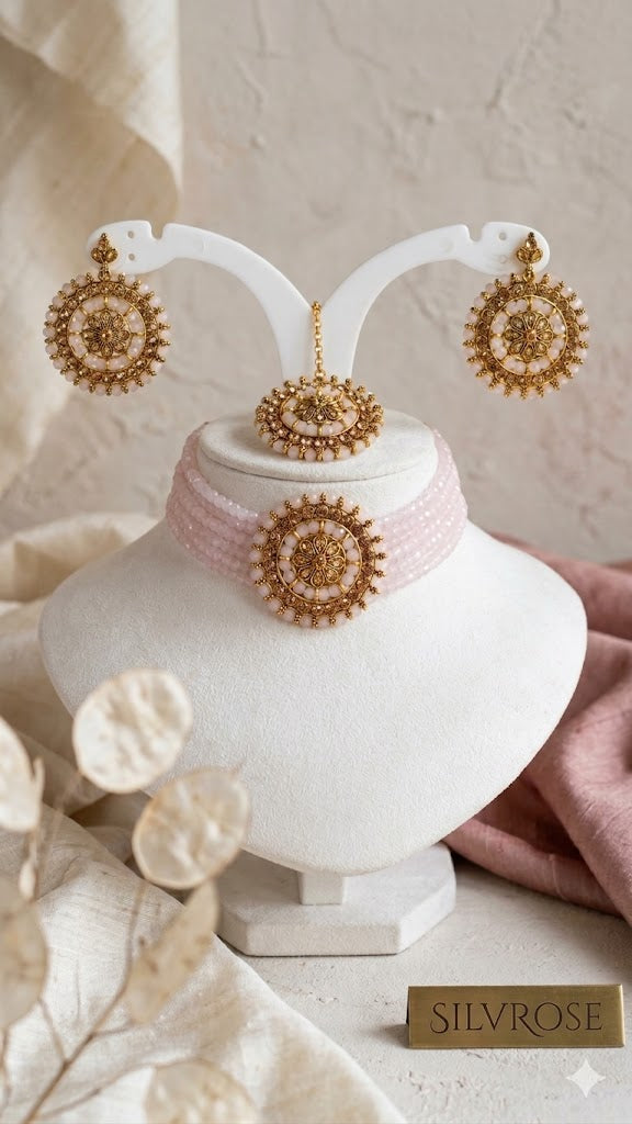 Blush Pink Beaded Choker Set with Maang Tikka