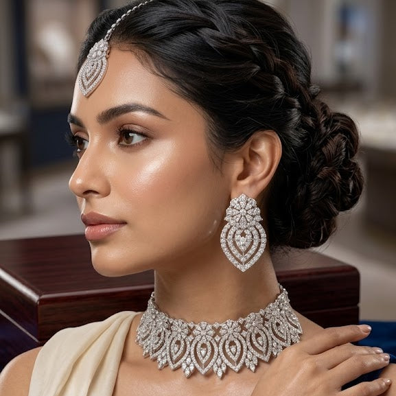 Radiant Silver-Tone Crystal Bridal Choker Set with Bangles