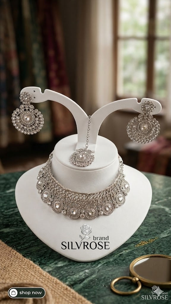 Royal Kundan-Style Bridal Choker Necklace Set with Maang Tikka