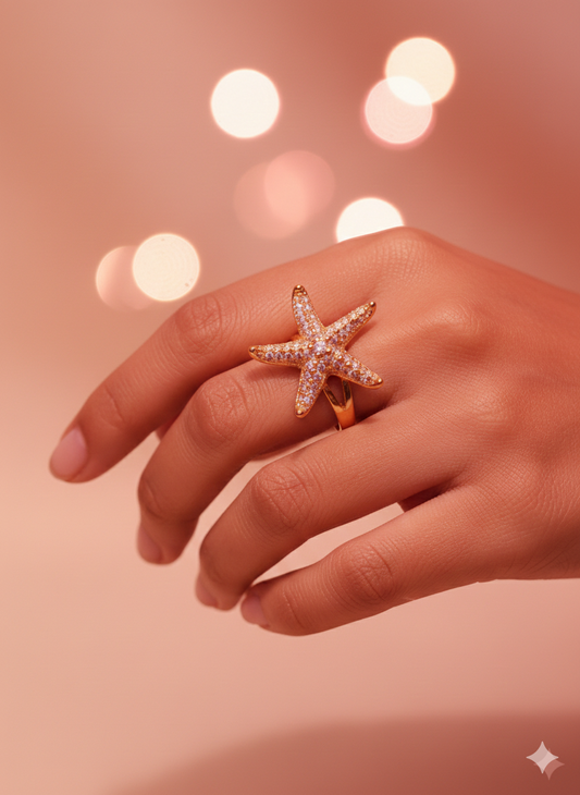Gold Pavé Starfish Statement Ring - Sparkling Ocean Jewelry | SILVROSE