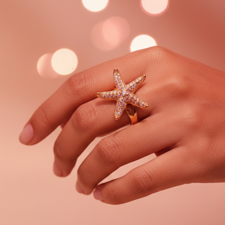 Gold Pavé Starfish Statement Ring - Sparkling Ocean Jewelry | SILVROSE