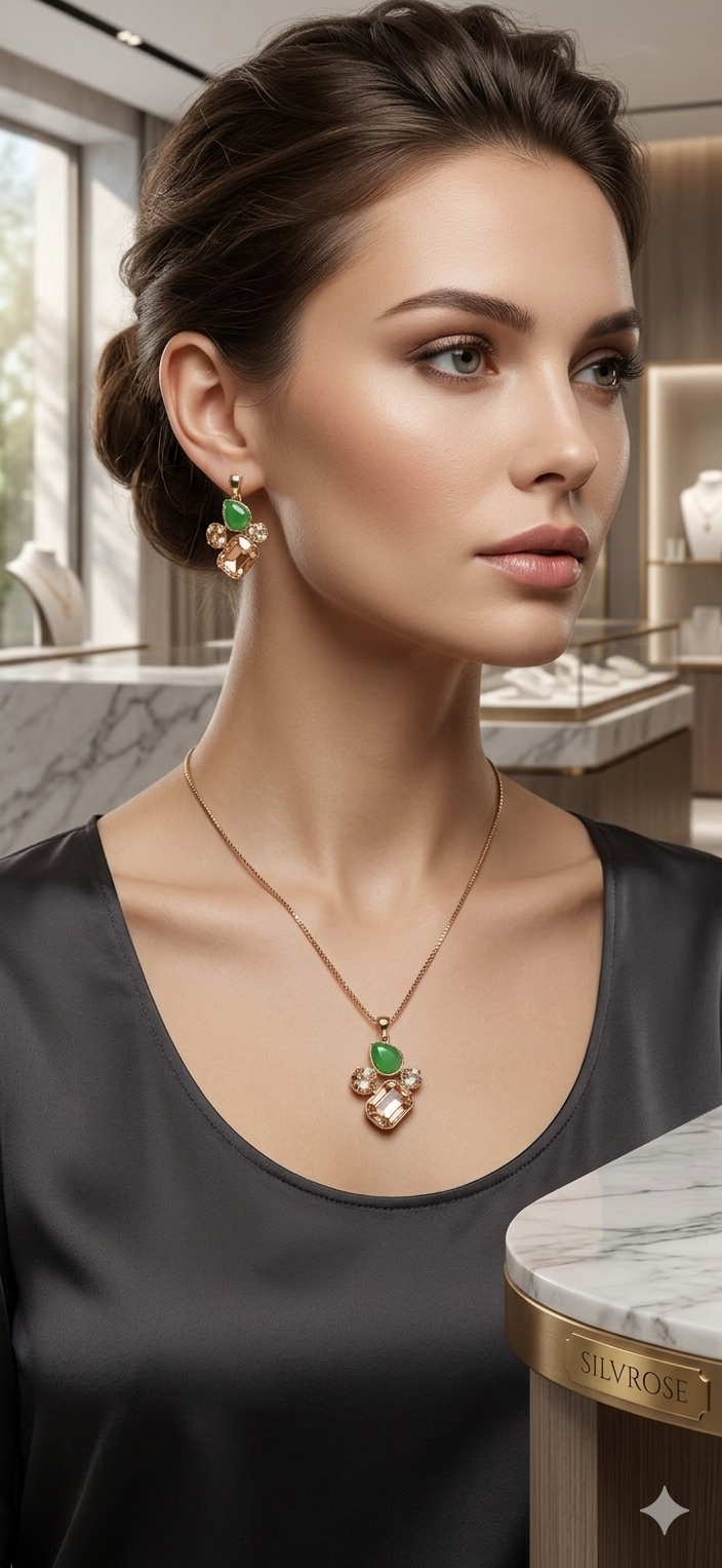 Elegant Green & Champagne Crystal Pendant Necklace & Earring Set