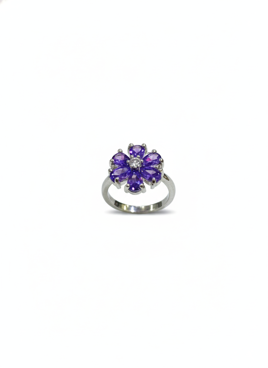 SILVROSE Violet Bloom Flower Ring – Silver Purple Floral Statement Ring