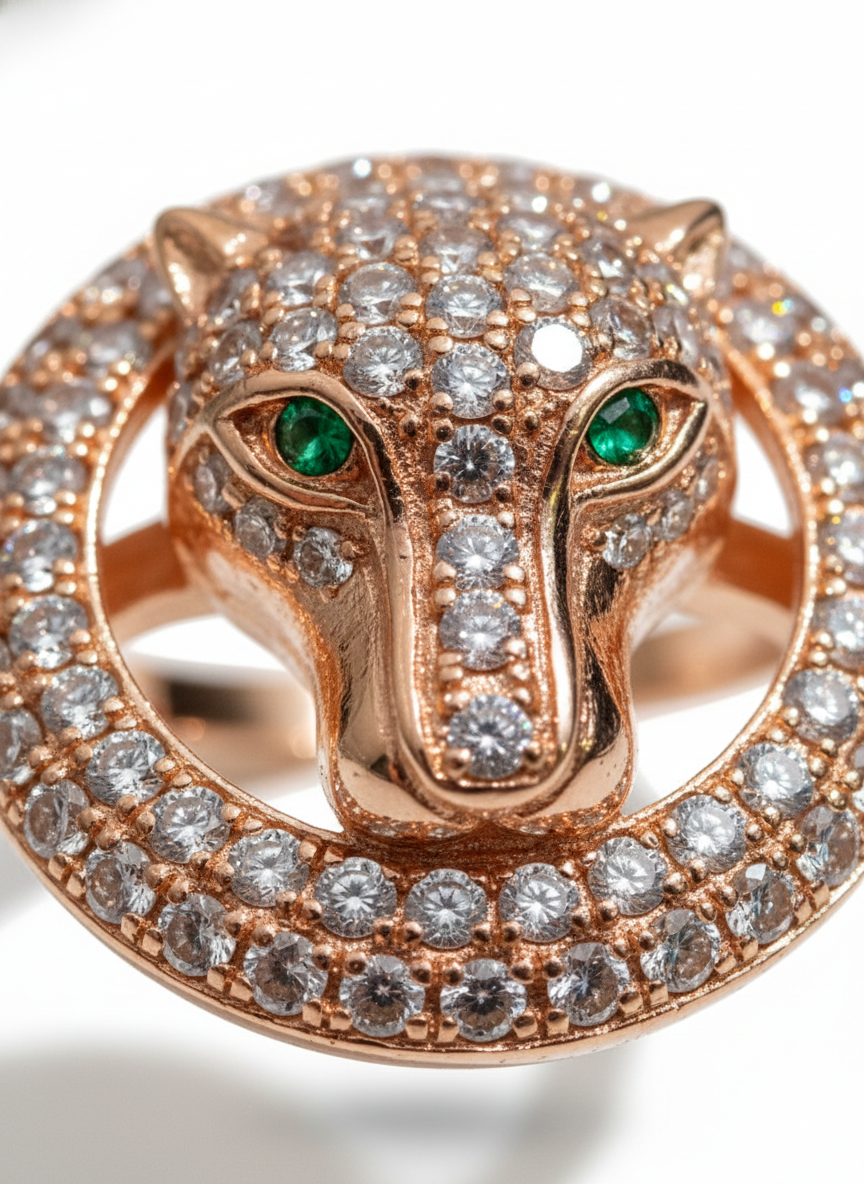 Rose Gold Panther Statement Ring - Green Crystal Eye Pavé Band | SILVROSE