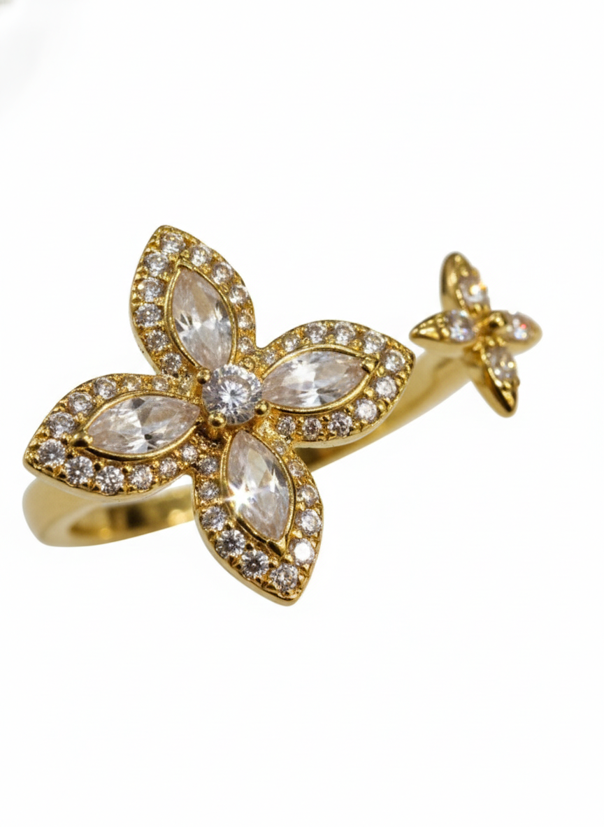 SILVROSE 18K Gold Plated Clover Blossom Adjustable Ring – Marquise CZ Open Cuff Ring