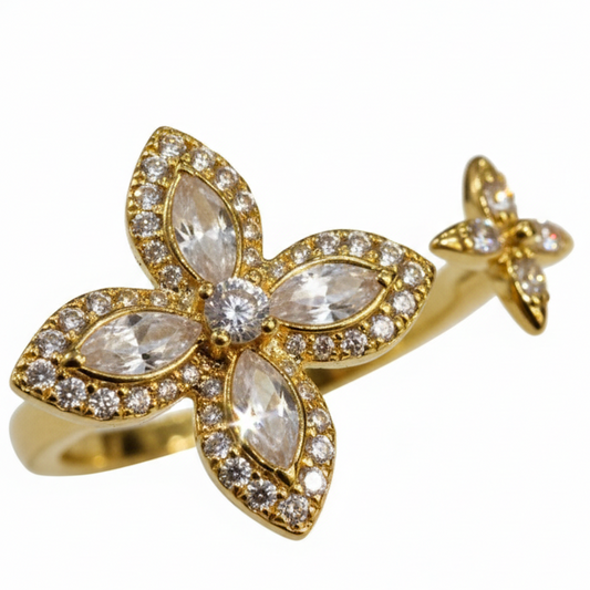 SILVROSE 18K Gold Plated Clover Blossom Adjustable Ring – Marquise CZ Open Cuff Ring