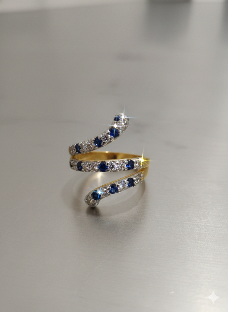 Gold Sapphire Blue Spiral Wrap Ring | SILVROSE