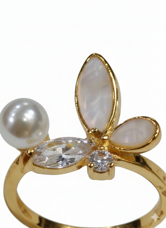Gold Butterfly Pearl Ring - Mother of Pearl & Crystal Band | SILVROSE