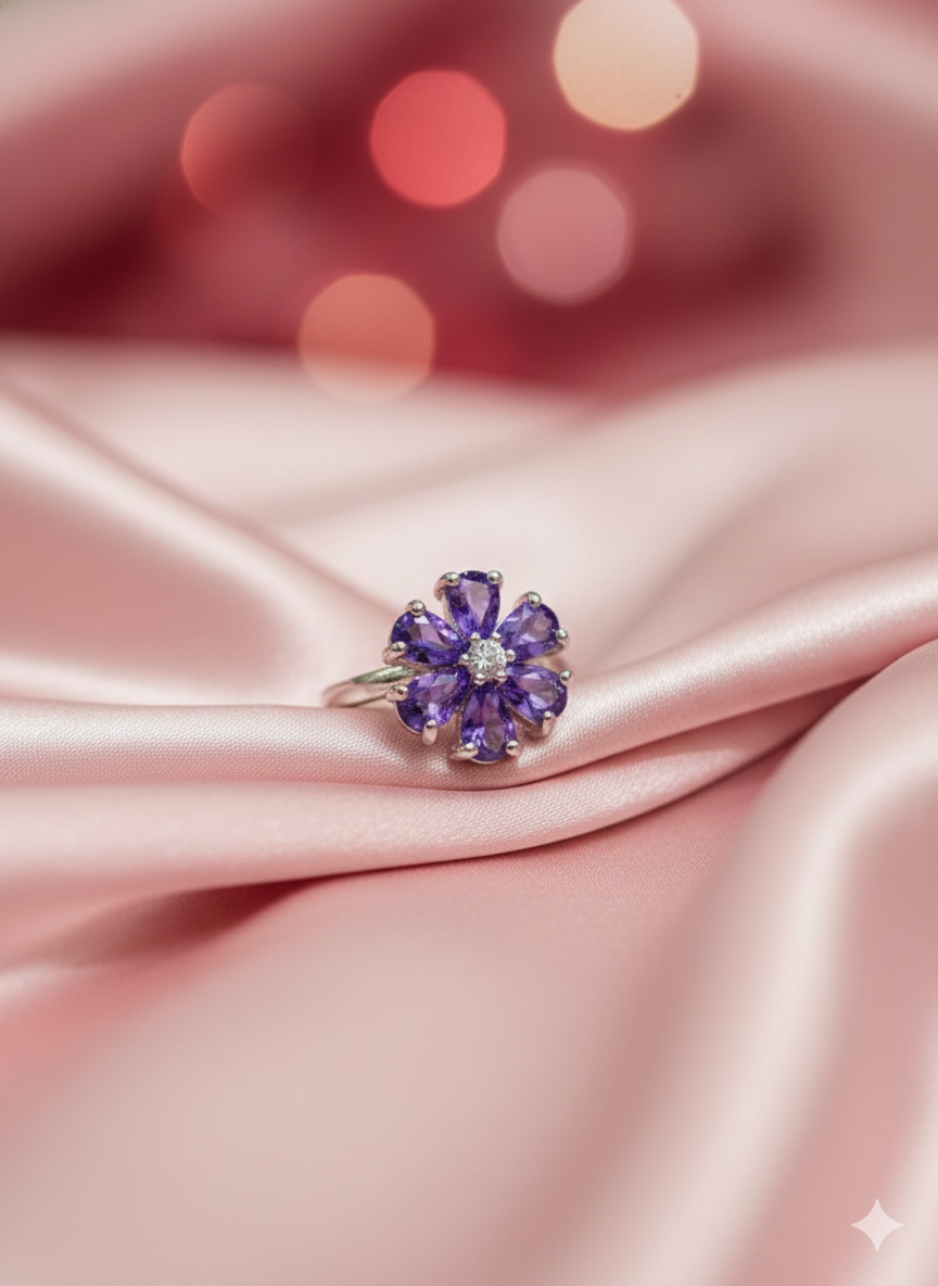 SILVROSE Violet Bloom Flower Ring – Silver Purple Floral Statement Ring