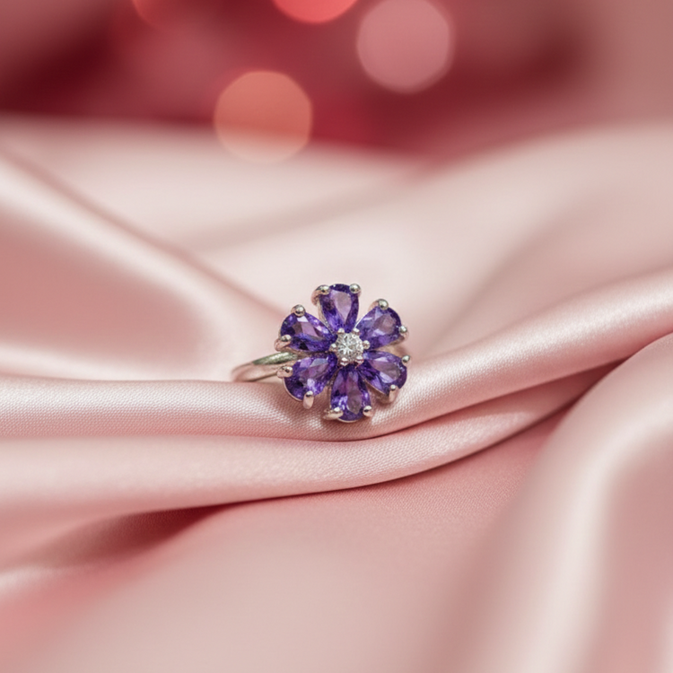 SILVROSE Violet Bloom Flower Ring – Silver Purple Floral Statement Ring