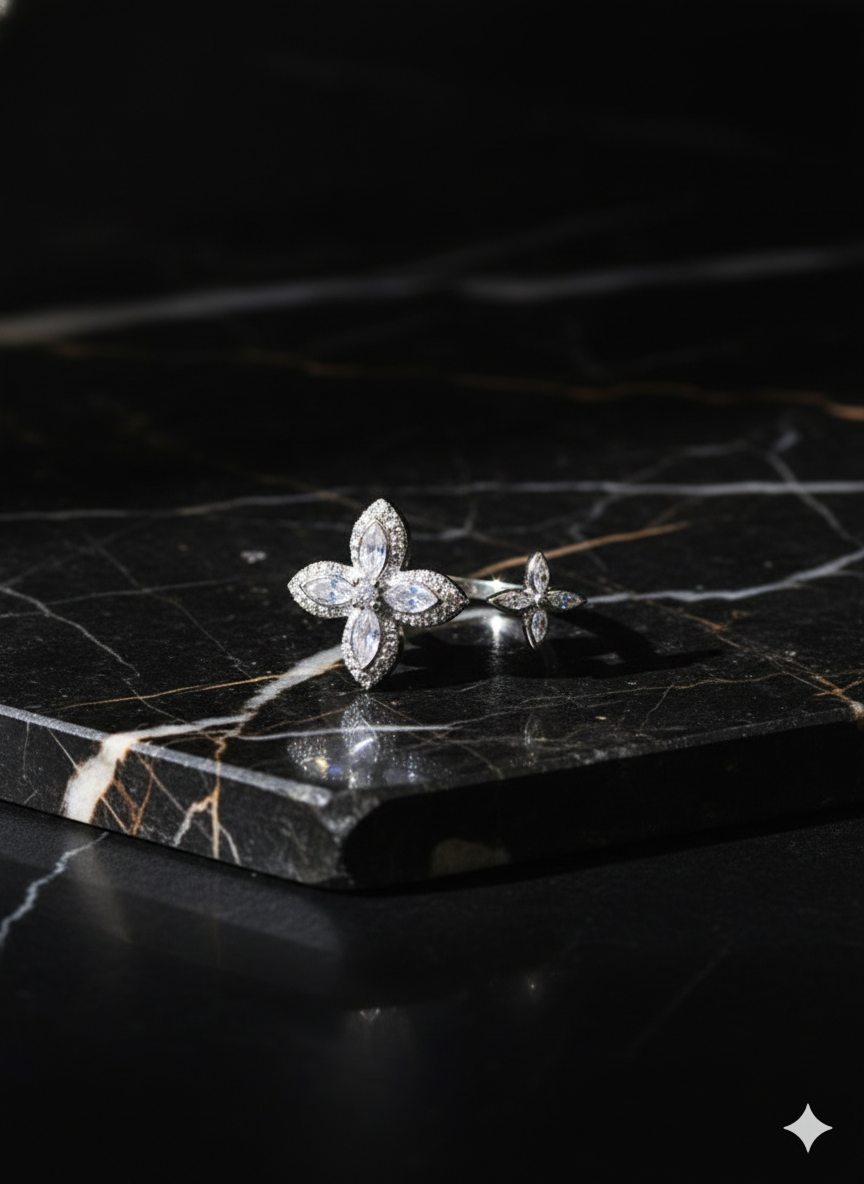 SILVROSE Sterling Silver Clover Blossom Adjustable Ring – Marquise Cubic Zirconia Open Cuff Ring