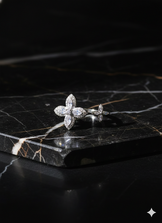 SILVROSE Sterling Silver Clover Blossom Adjustable Ring – Marquise Cubic Zirconia Open Cuff Ring
