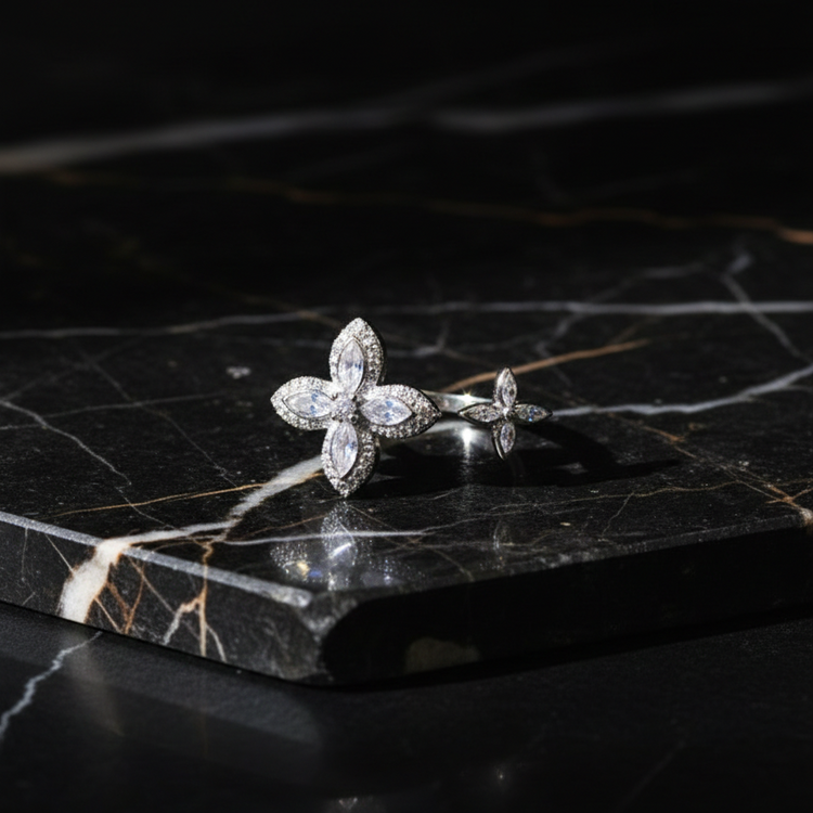 SILVROSE Sterling Silver Clover Blossom Adjustable Ring – Marquise Cubic Zirconia Open Cuff Ring