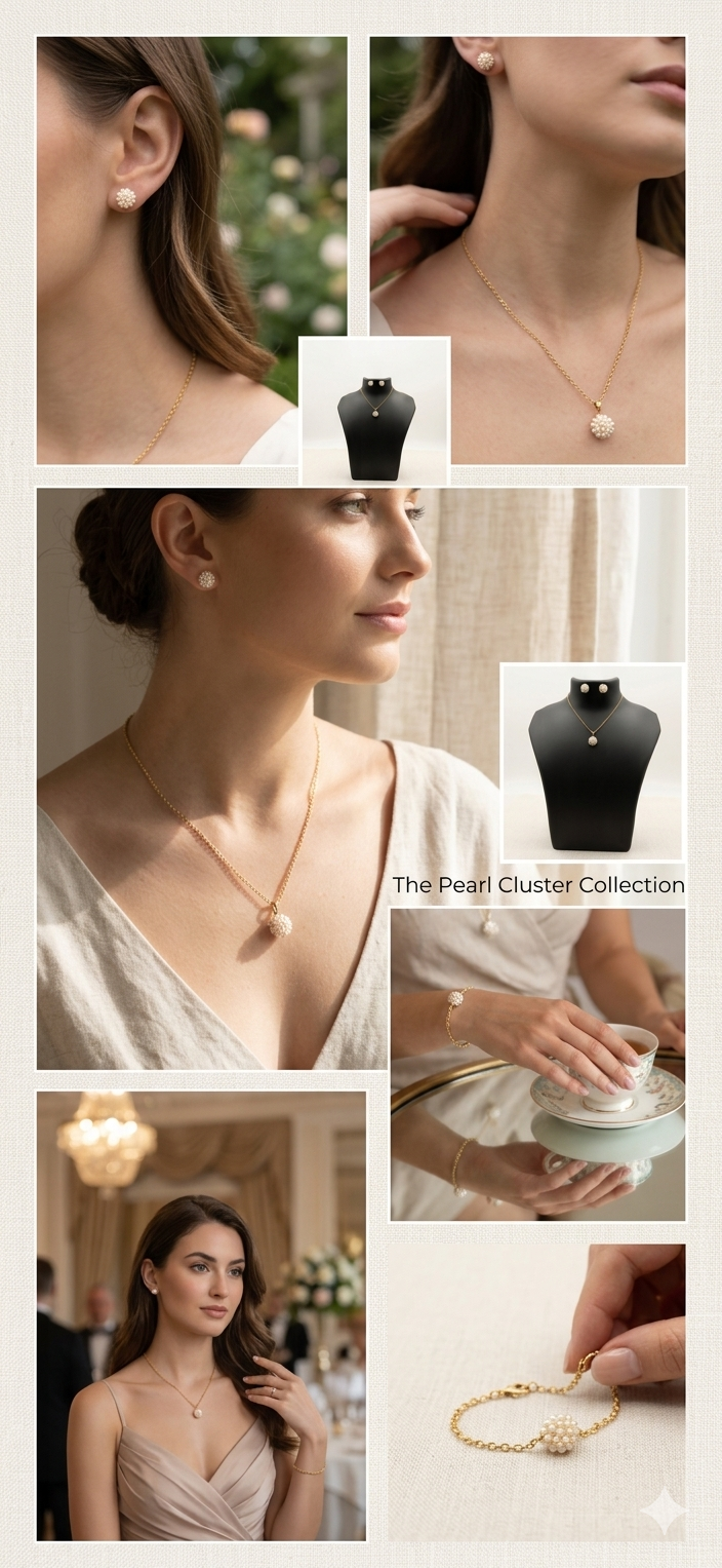 Delicate Pearl Cluster Pendant Necklace and Earring Set