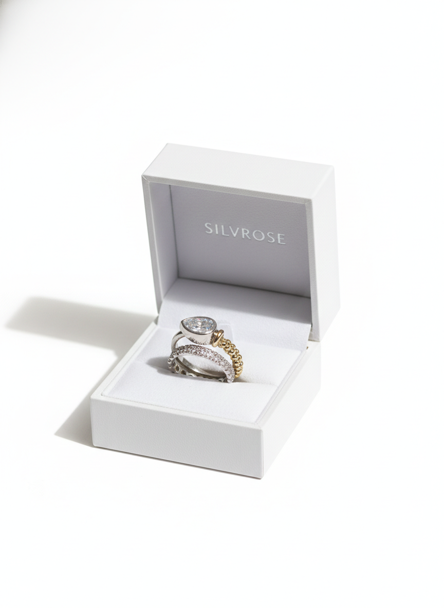 Silver Teardrop Statement Ring - Layered Beaded Pavé Band | SILVROSE