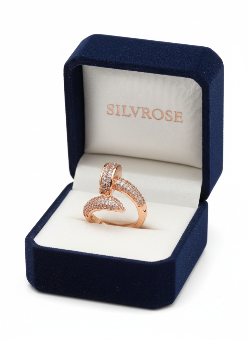 Rose Gold Pavé Nail Ring - Industrial Crystal Statement Band | SILVROSE