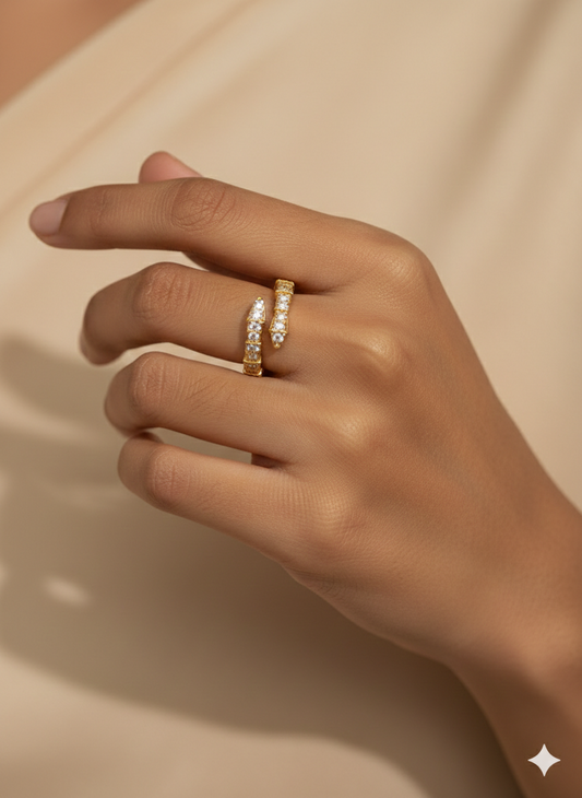 Gold Double Band Green Stone Ring - Emerald Cut Geometric Band | SILVROSE