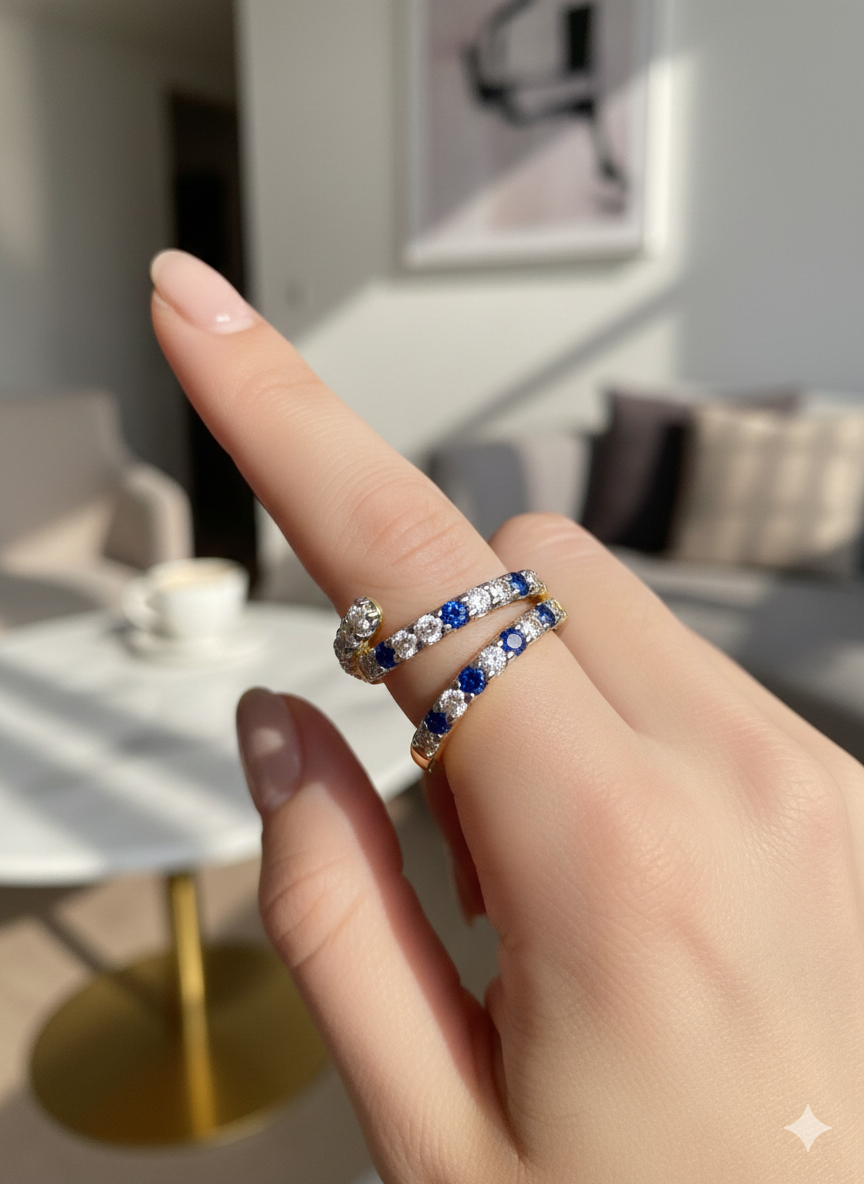 Gold Sapphire Blue Spiral Wrap Ring | SILVROSE