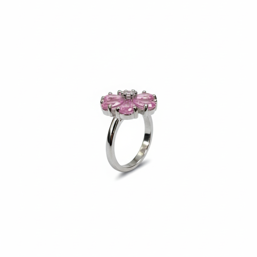 SILVROSE Pink Blossom Flower Ring – Silver Floral Statement Ring