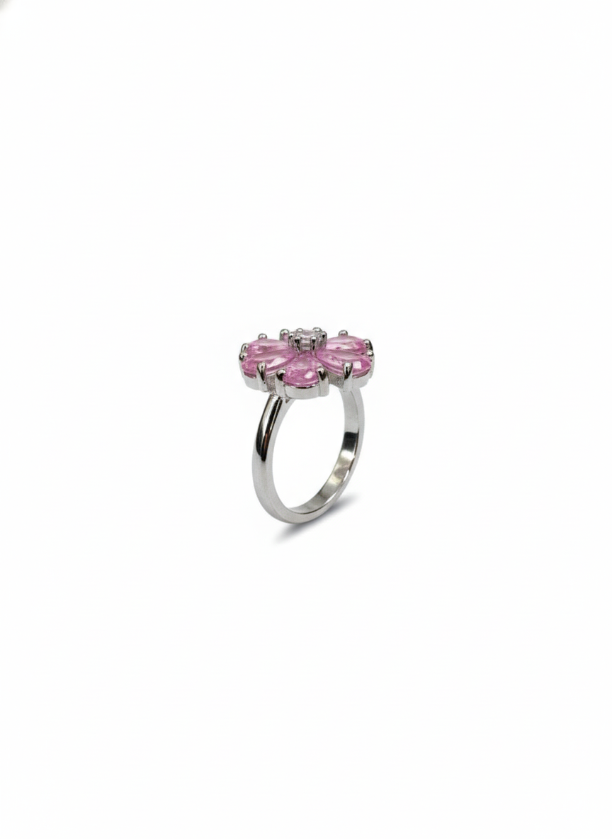 SILVROSE Pink Blossom Flower Ring – Silver Floral Statement Ring