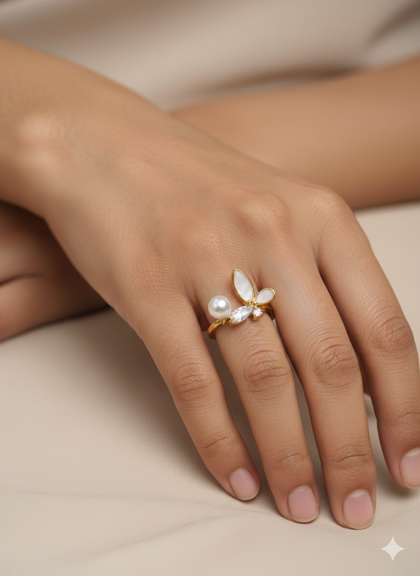 Gold Butterfly Pearl Ring - Mother of Pearl & Crystal Band | SILVROSE