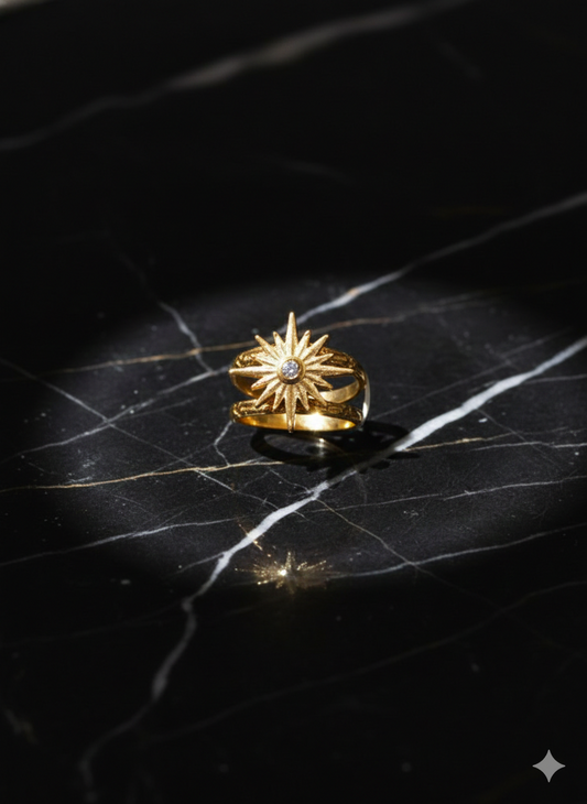 Nova Starburst Double Band Ring in Gold | Celestial Sunburst Statement Ring – SILVROSE