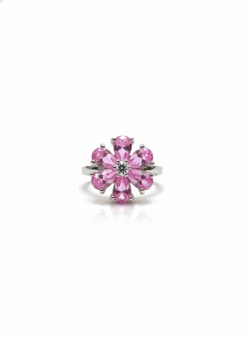 SILVROSE Pink Blossom Flower Ring – Silver Floral Statement Ring