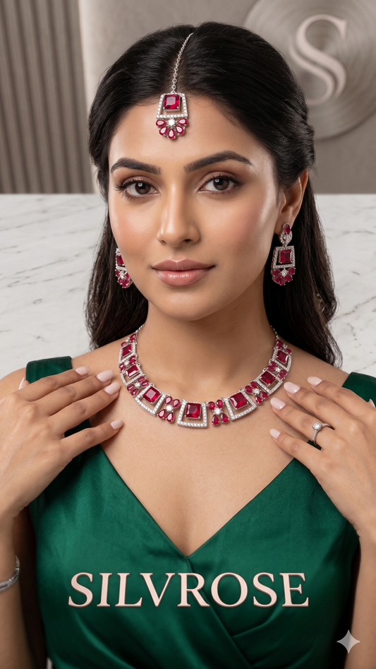 Regal Ruby Gemstone Jewellery Set | Necklace, Earrings & Maang Tikka | SILVROSE Fine Jewellery