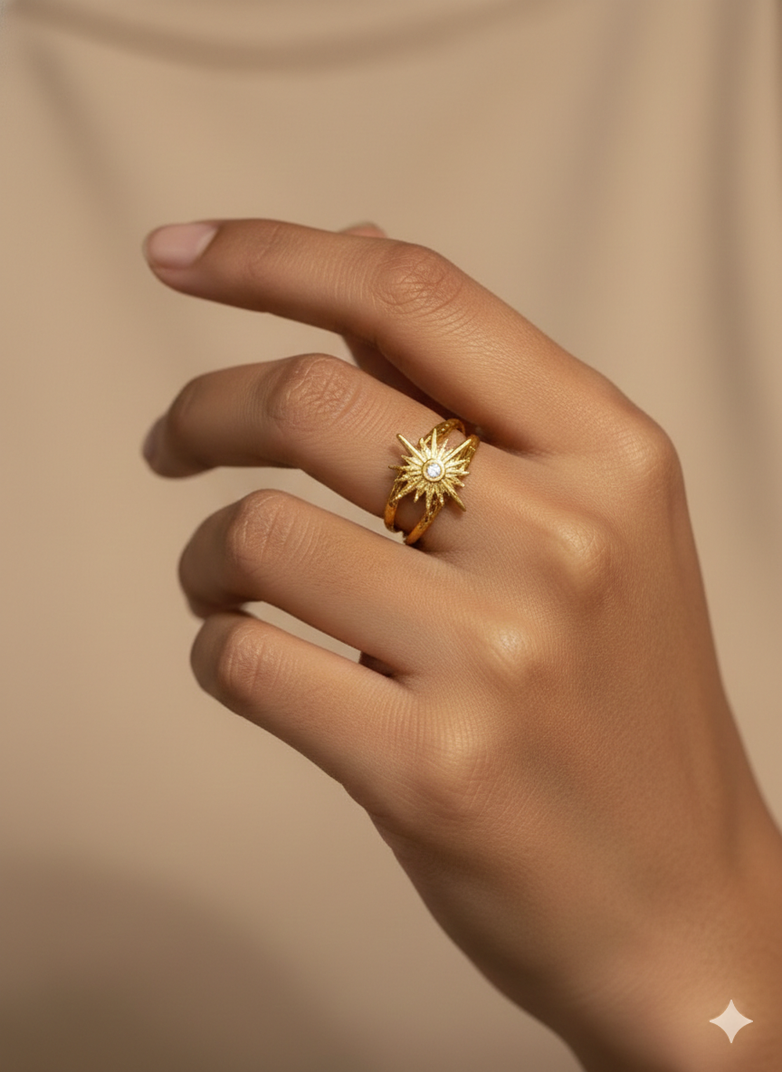 Nova Starburst Double Band Ring in Gold | Celestial Sunburst Statement Ring – SILVROSE